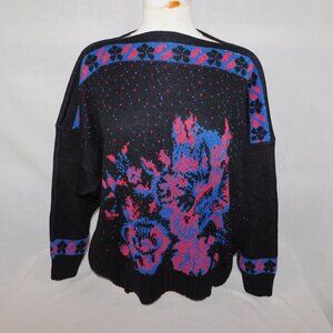 VTG Samuel Jason Womens 3X Black Pink Blue Floral Sparkle Sweater slash neck